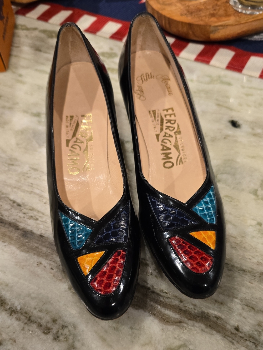 Salvatore Ferragamo Black Leather Flats with Blue, Red and Yellow Croc-Accent